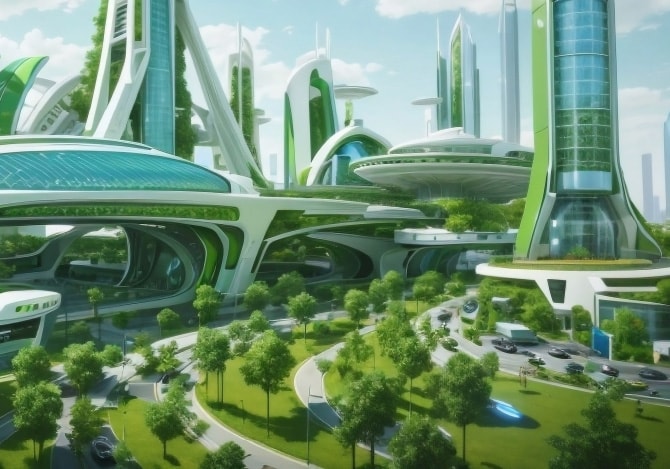 建物と緑が融合した未来の街並みのイメージ写真